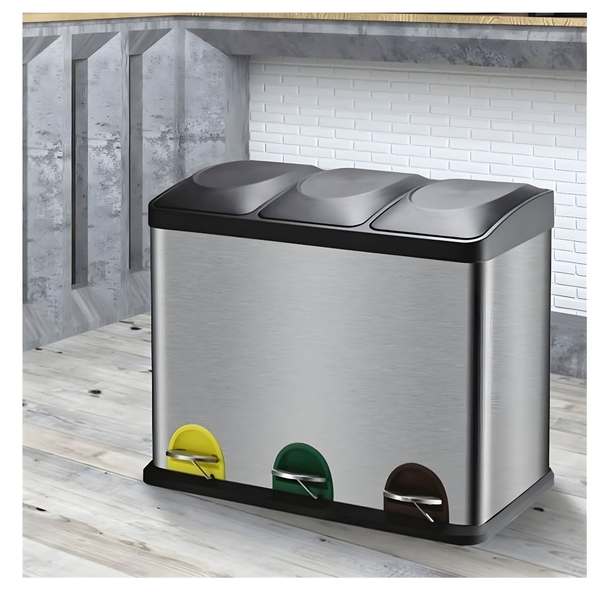 Triple Compartment Stainless Steel Recycling Bin with Foot Pedals – 45L (3 x 15L) Step-On Trash Can for Kitchen, Home, and Office Waste Separation Triple Compartment Stainless Steel Recycling Bin with Foot Pedals – 45L (3 x 15L) Step-On Trash Can for Kitchen, Home, and Office Waste Separation